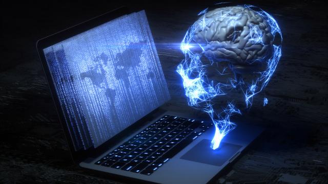 Glowing digital brain visual emerging from a laptop with flowing code and map overlay.